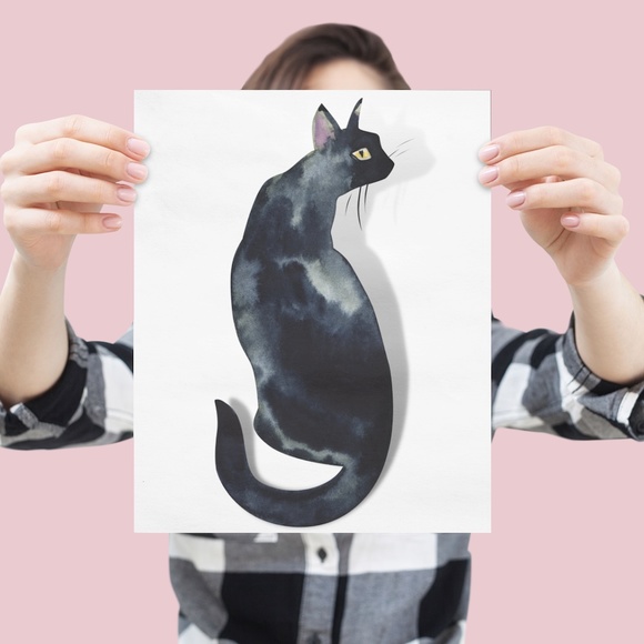 Watercolor Black Cat Portrait Wall Art Print Poster Unframed - Picture 3 of 16